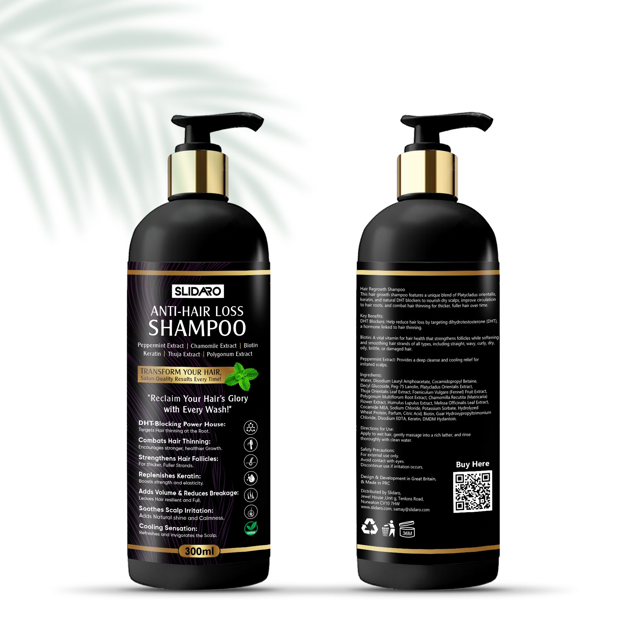SLIDARO Anti-Hair Loss Shampoo, Proven DHT-Blocking Formula for Stronger, Thicker Hair, 300ml