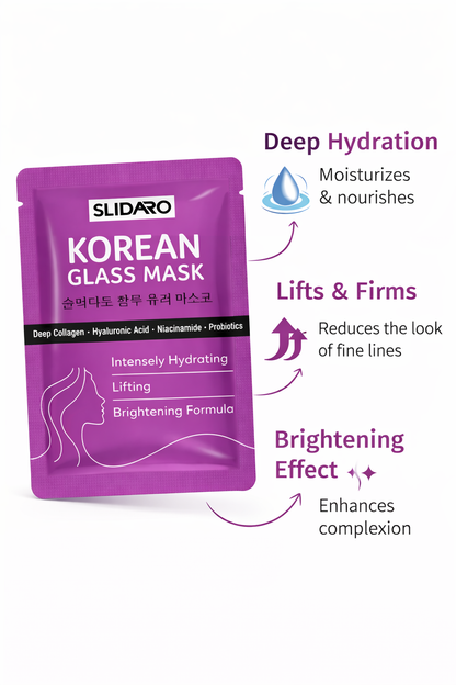 (4 Pcs in 1 Pack) SLIDARO Korean Glass Mask, Hydrating, Lifting, and Brightening Sheet Mask, Deep Collagen, Hyaluronic Acid, Niacinamide, and Probiotics, 30g