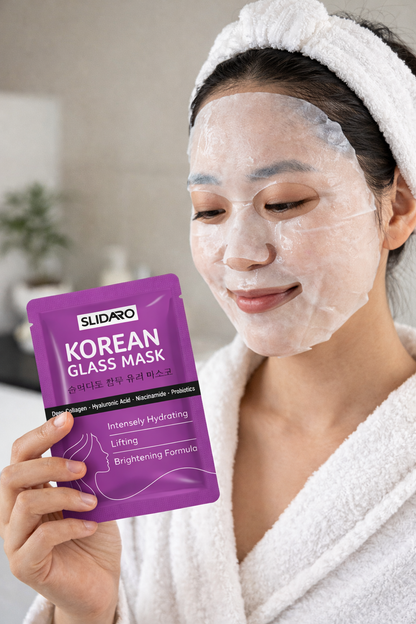 (4 Pcs in 1 Pack) SLIDARO Korean Glass Mask, Hydrating, Lifting, and Brightening Sheet Mask, Deep Collagen, Hyaluronic Acid, Niacinamide, and Probiotics, 30g