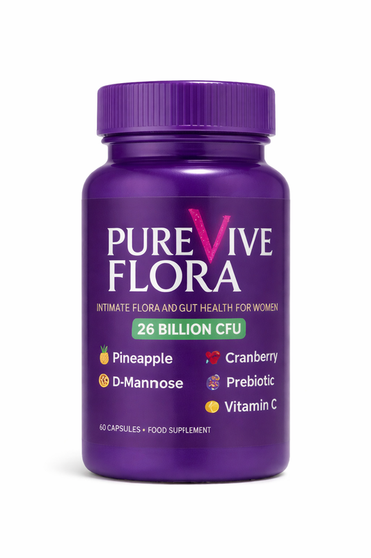 PureVive Flora! Intimate Flora and Gut Health Supplement for Women, 26 Billion CFU, Probiotics with Pineapple, Cranberry, D-Mannose, Prebiotics & Vitamin C, 60 Vegan Capsules