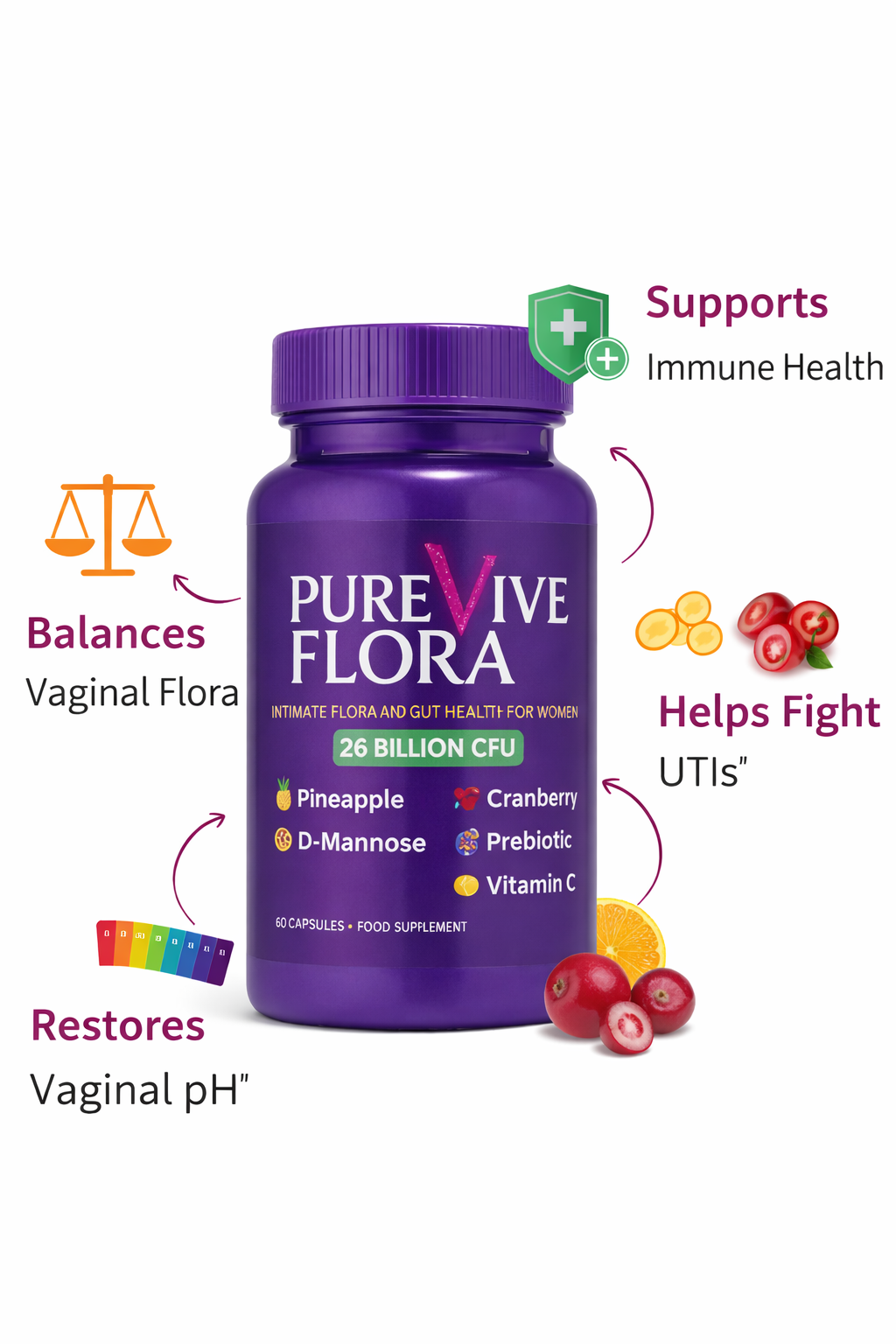 PureVive Flora! Intimate Flora and Gut Health Supplement for Women, 26 Billion CFU, Probiotics with Pineapple, Cranberry, D-Mannose, Prebiotics & Vitamin C, 60 Vegan Capsules