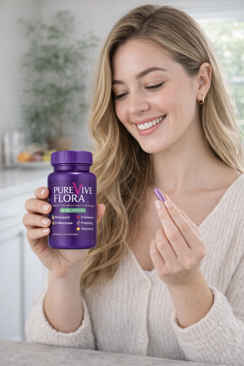 PureVive Flora! Intimate Flora and Gut Health Supplement for Women, 26 Billion CFU, Probiotics with Pineapple, Cranberry, D-Mannose, Prebiotics & Vitamin C, 60 Vegan Capsules