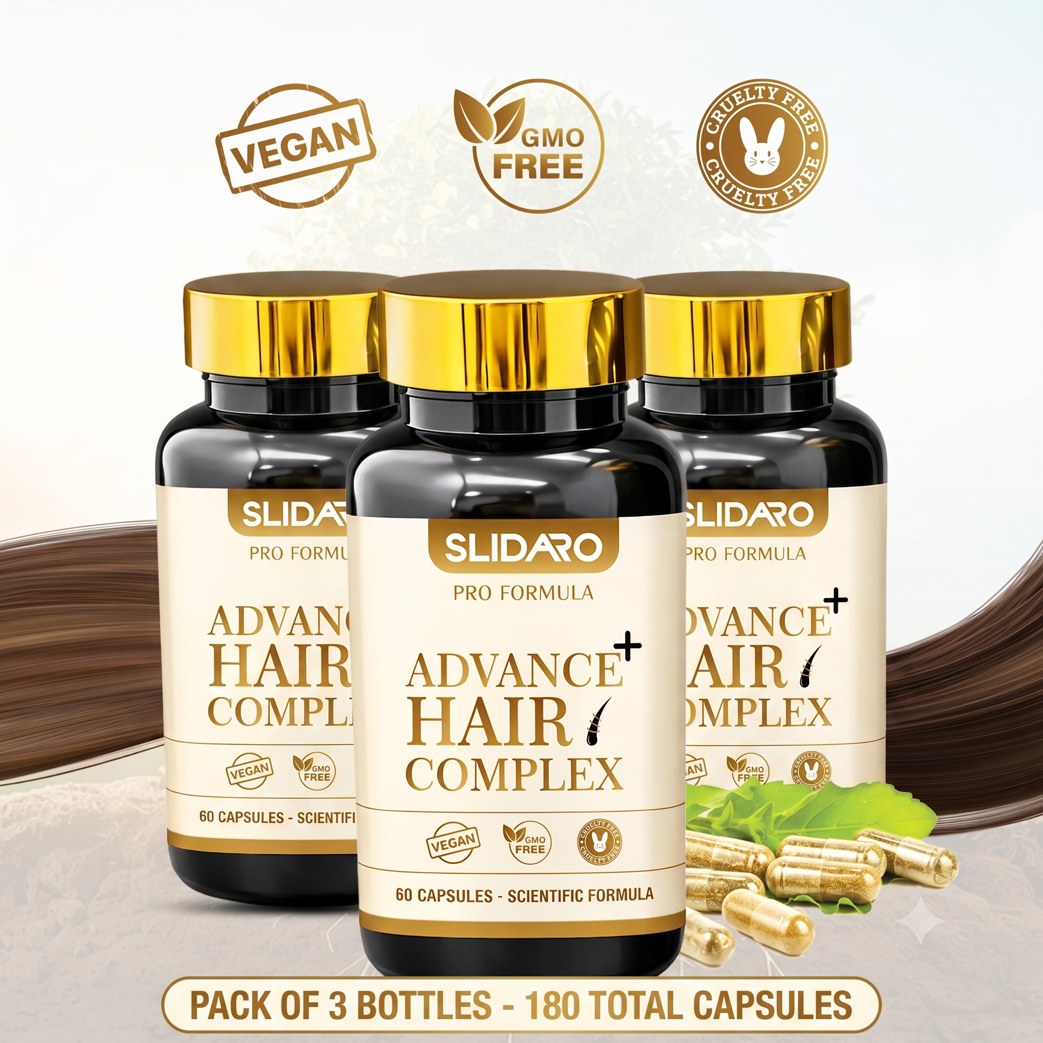 SLIDARO Advance+ Hair Complex, Biotin, MSM & Saw Palmetto Hair Growth Supplement, Thicker, Stronger, Healthier Hair (60 Capsules)