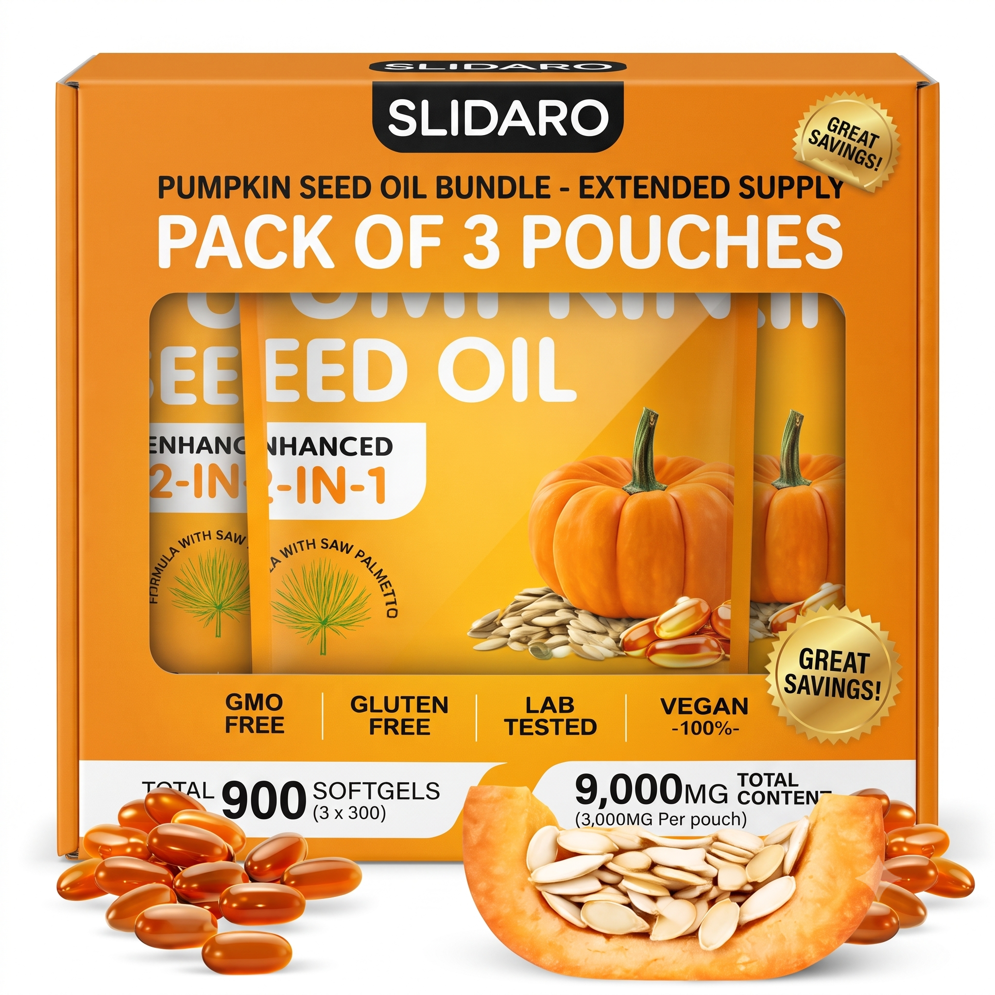 SLIDARO Pumpkin Hair Care Seed Oil 2-in-1 Supplement, 300 Softgels, Cold-Pressed, Vegan & Non-GMO, 3,000mg Per Serving
