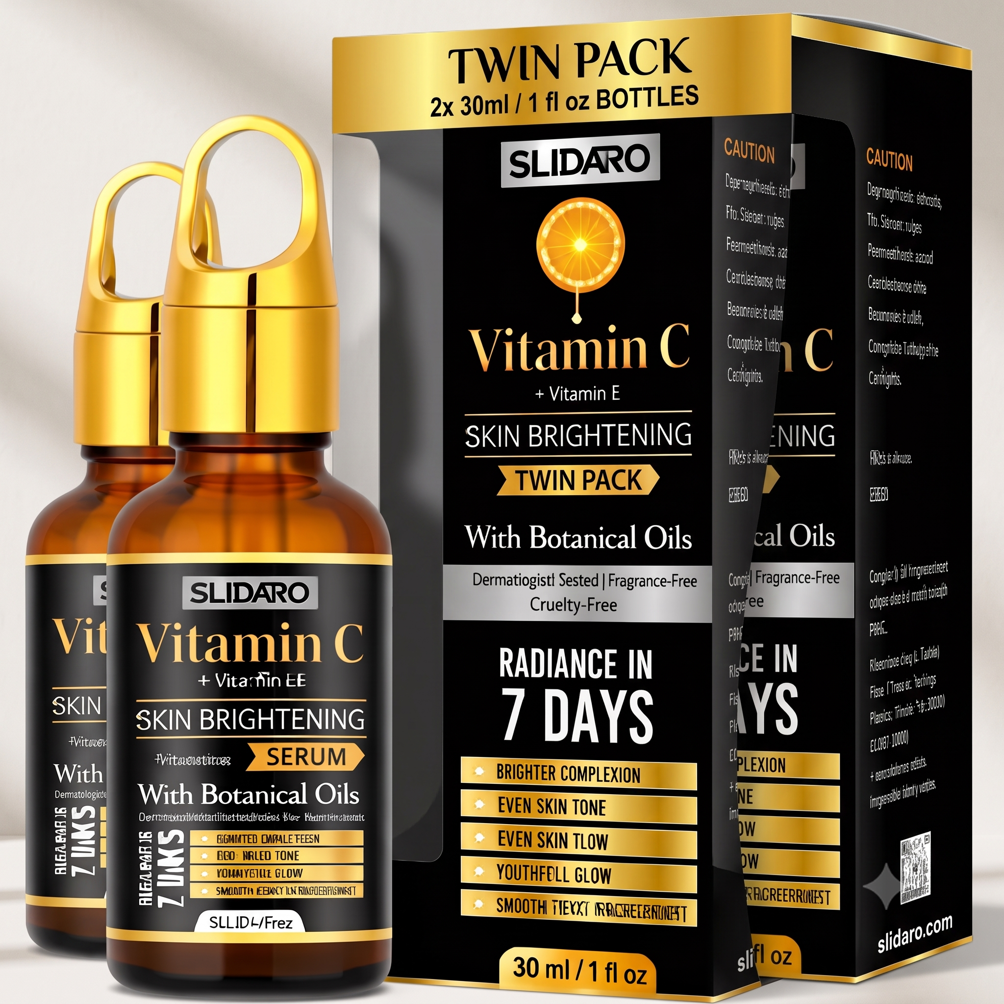 SLIDARO Vitamin C + E Skin Brightening Serum, With Botanical Oils, Radiance in 7 Days, 30ml