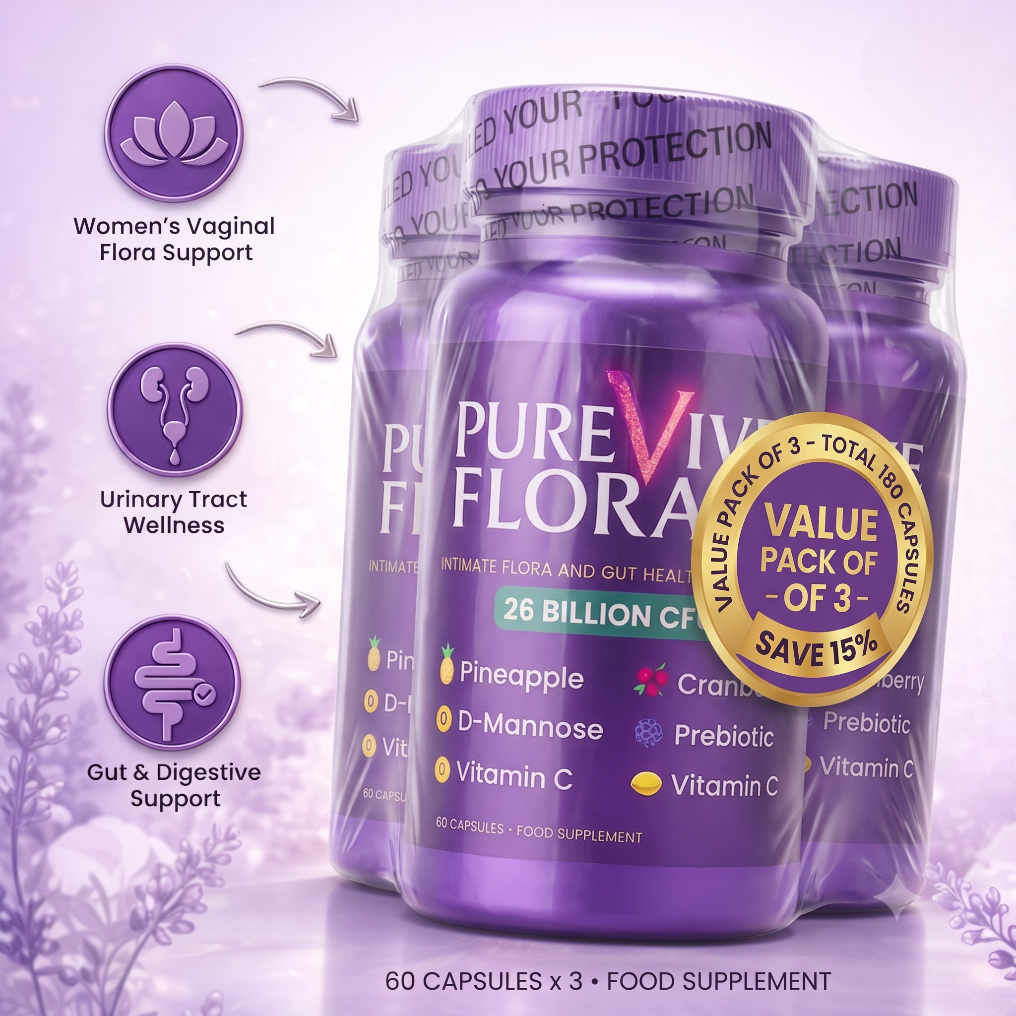 PureVive Flora! Intimate Flora and Gut Health Supplement for Women, 26 Billion CFU, Probiotics with Pineapple, Cranberry, D-Mannose, Prebiotics & Vitamin C, 60 Vegan Capsules
