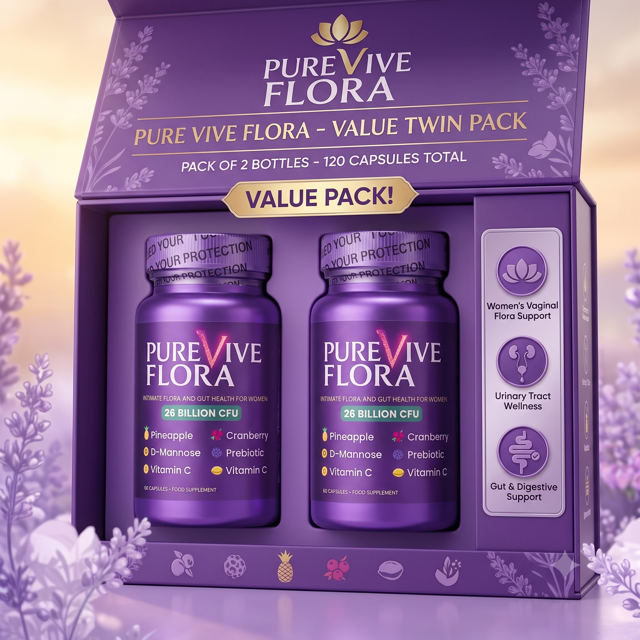 PureVive Flora! Intimate Flora and Gut Health Supplement for Women, 26 Billion CFU, Probiotics with Pineapple, Cranberry, D-Mannose, Prebiotics & Vitamin C, 60 Vegan Capsules