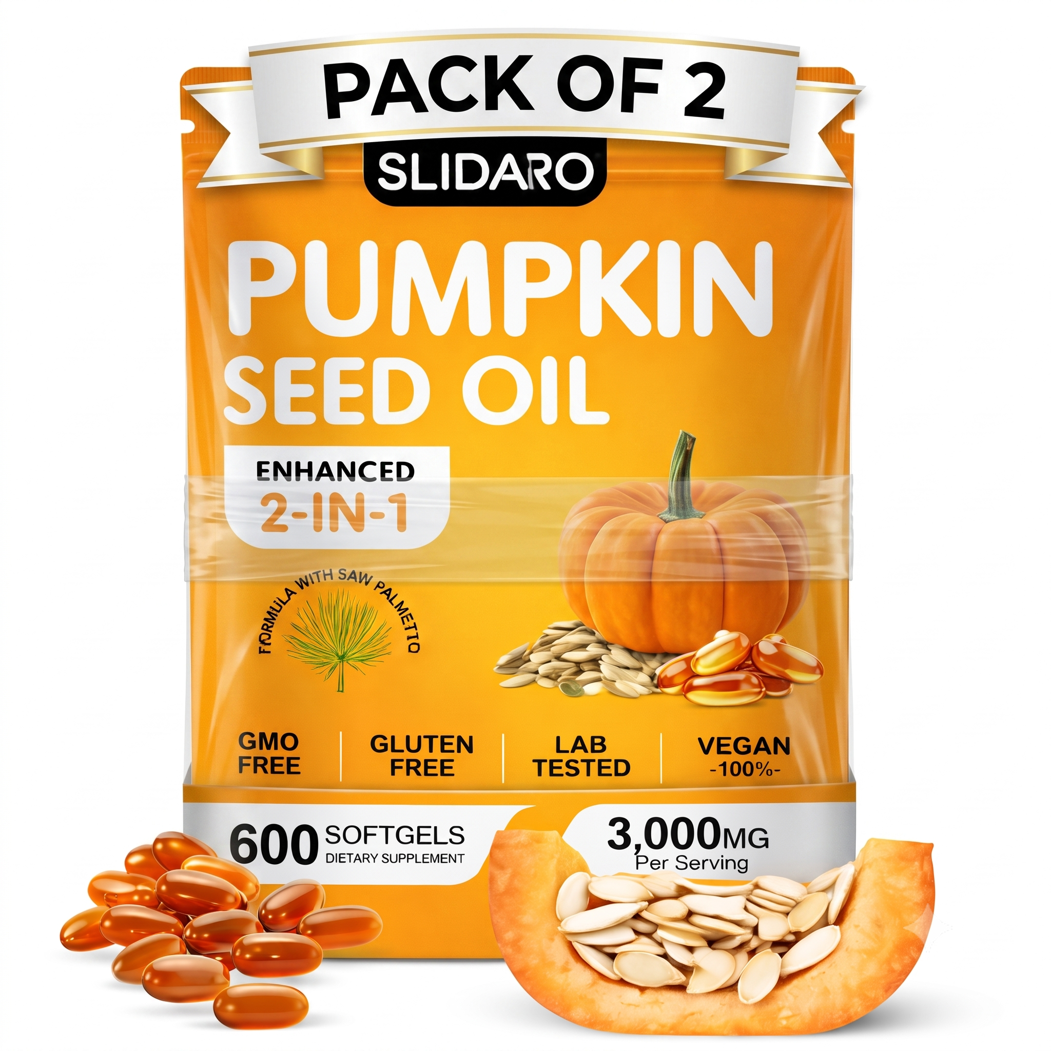 SLIDARO Pumpkin Hair Care Seed Oil 2-in-1 Supplement, 300 Softgels, Cold-Pressed, Vegan & Non-GMO, 3,000mg Per Serving