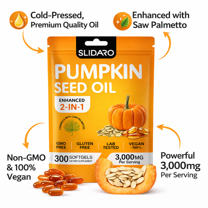 SLIDARO Pumpkin Seed Oil 2-in-1 Supplement, 300 Softgels, Cold-Pressed, Vegan & Non-GMO, 3,000mg Per Serving