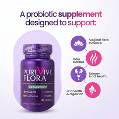 PureVive Flora! Intimate Flora and Gut Health Supplement for Women, 26 Billion CFU, Probiotics with Pineapple, Cranberry, D-Mannose, Prebiotics & Vitamin C, 60 Vegan Capsules