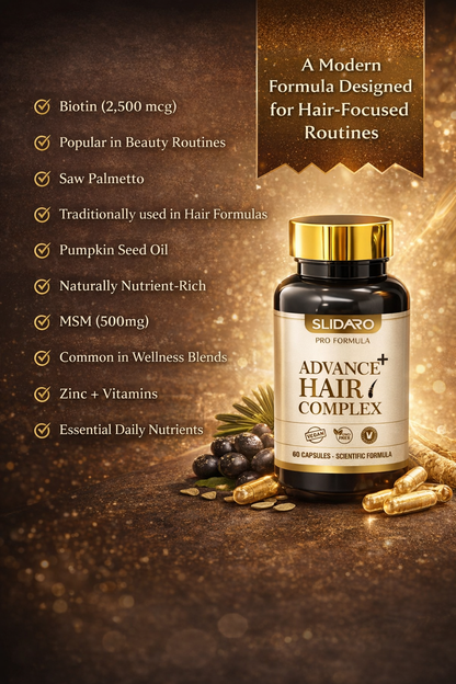 SLIDARO Advance+ Hair Complex, Biotin, MSM & Saw Palmetto Hair Growth Supplement, Thicker, Stronger, Healthier Hair (60 Capsules)