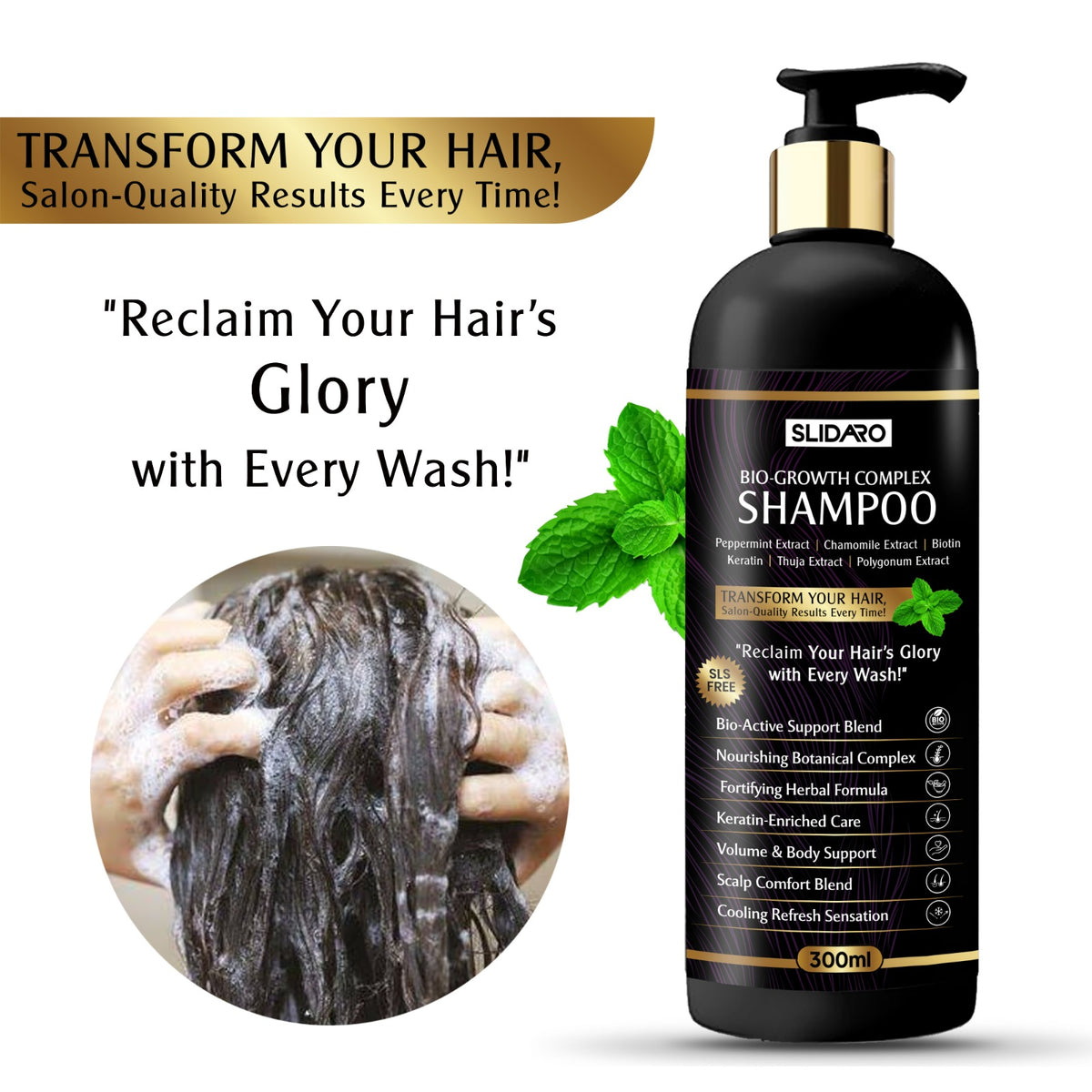 SLIDARO Anti-Hair Loss Shampoo, Proven DHT-Blocking Formula for Stronger, Thicker Hair, 300ml