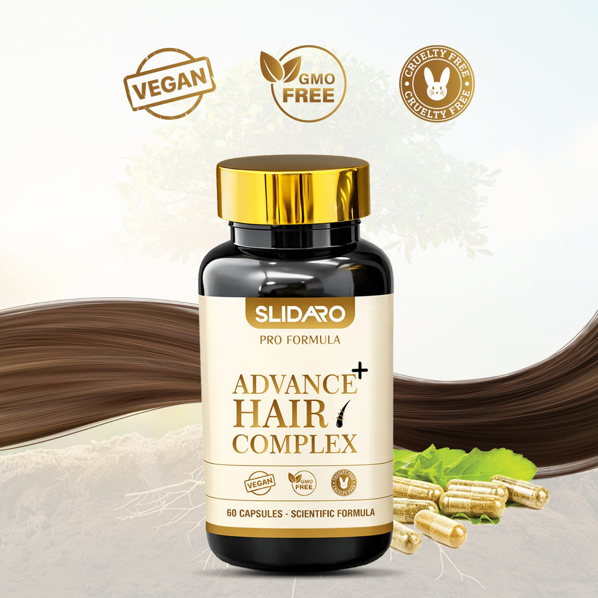 SLIDARO Advance+ Hair Complex, Biotin, MSM & Saw Palmetto Hair Growth Supplement, Thicker, Stronger, Healthier Hair (60 Capsules)