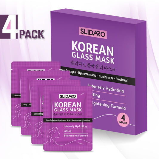 (4 Pcs in 1 Pack) SLIDARO Korean Glass Mask, Hydrating, Lifting, and Brightening Sheet Mask, Deep Collagen, Hyaluronic Acid, Niacinamide, and Probiotics, 30g