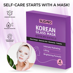 (4 Pcs in 1 Pack) SLIDARO Korean Glass Mask, Hydrating, Lifting, and Brightening Sheet Mask, Deep Collagen, Hyaluronic Acid, Niacinamide, and Probiotics, 30g