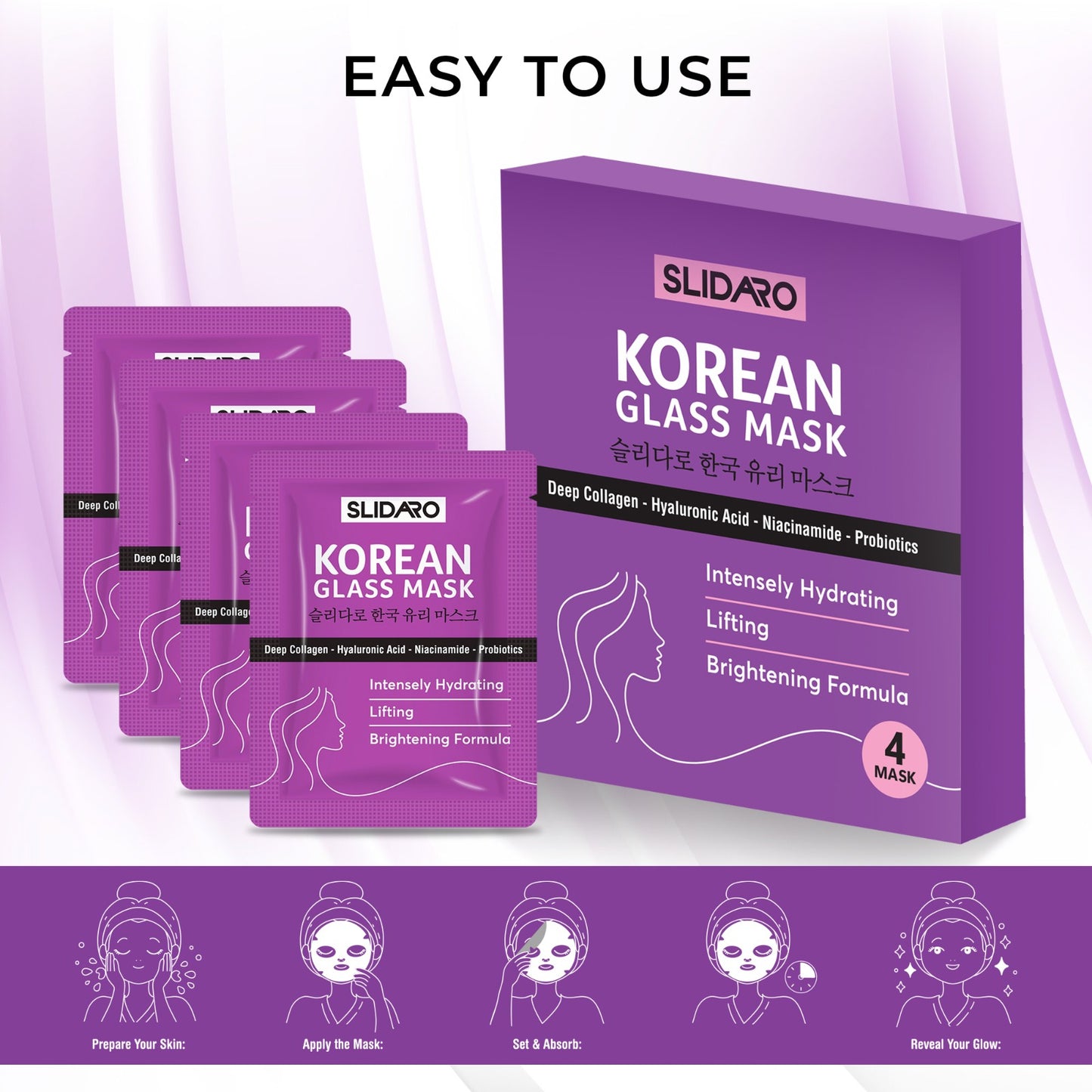 (4 Pcs in 1 Pack) SLIDARO Korean Glass Mask, Hydrating, Lifting, and Brightening Sheet Mask, Deep Collagen, Hyaluronic Acid, Niacinamide, and Probiotics, 30g