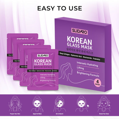 (4 Pcs in 1 Pack) SLIDARO Korean Glass Mask, Hydrating, Lifting, and Brightening Sheet Mask, Deep Collagen, Hyaluronic Acid, Niacinamide, and Probiotics, 30g