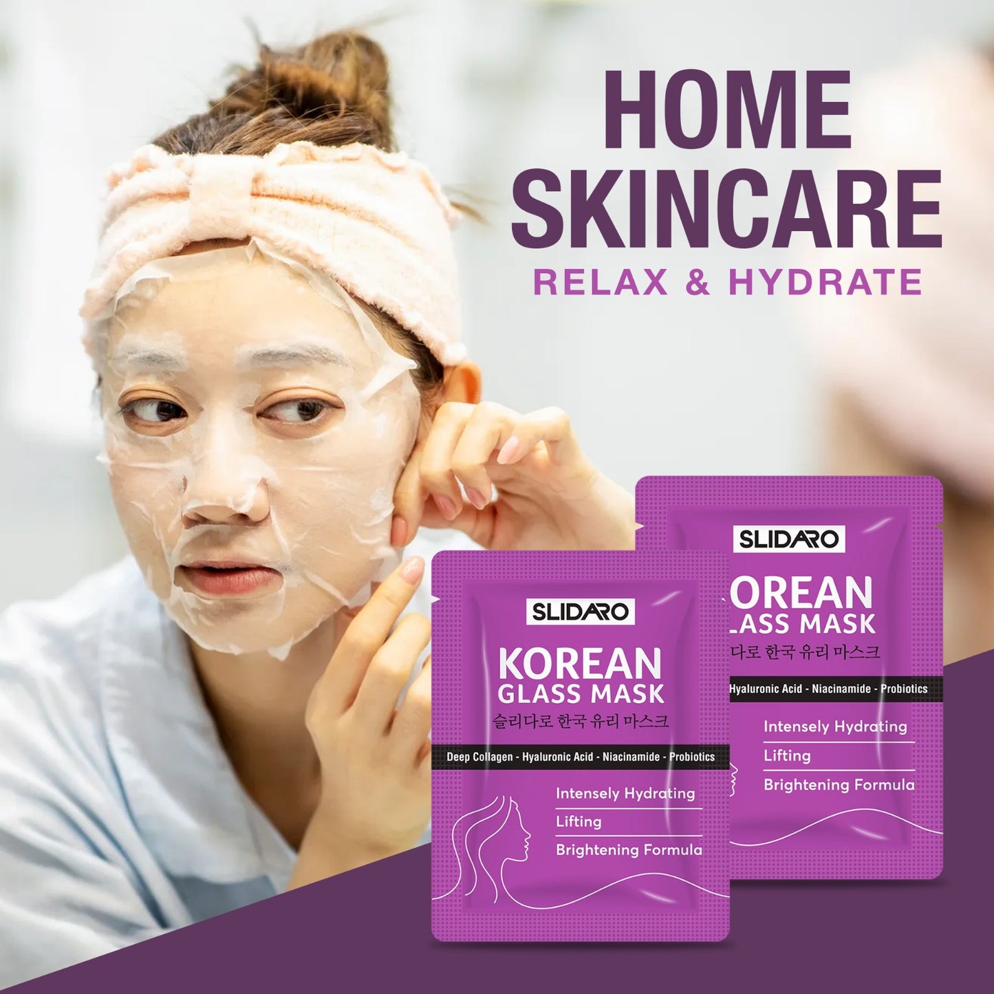 (4 Pcs in 1 Pack) SLIDARO Korean Glass Mask, Hydrating, Lifting, and Brightening Sheet Mask, Deep Collagen, Hyaluronic Acid, Niacinamide, and Probiotics, 30g