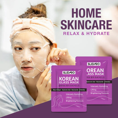 (4 Pcs in 1 Pack) SLIDARO Korean Glass Mask, Hydrating, Lifting, and Brightening Sheet Mask, Deep Collagen, Hyaluronic Acid, Niacinamide, and Probiotics, 30g