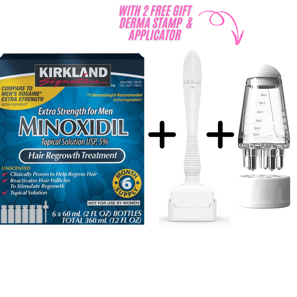 Kirkland Signature 5% Minoxidil Solution, Hair Regrowth Treatment For Men- 6 Month Supply +Free  Derma Stamp & liquid Applicator